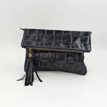 CHUNKY WEAVE IMPRINT LEATHER CLUTCH BAG WITH TASSEL AND CROSSBOWS STRAP
