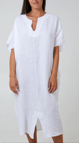 White 100% Linen Smock Dress One Size 8-16