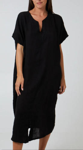 Black 100% Linen Smock Dress One Size 8-16