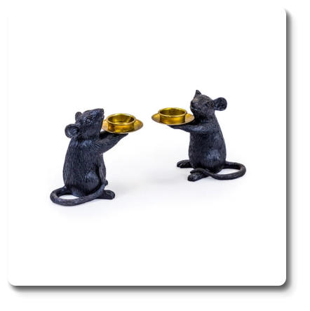 PAIR OF BLACK MOUSE CANDLE HOLDERS H15 x W16,5 x D8 CM