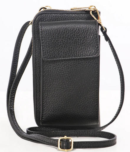 Black Italian Leather Mobile Phone Wallet Combo Bag