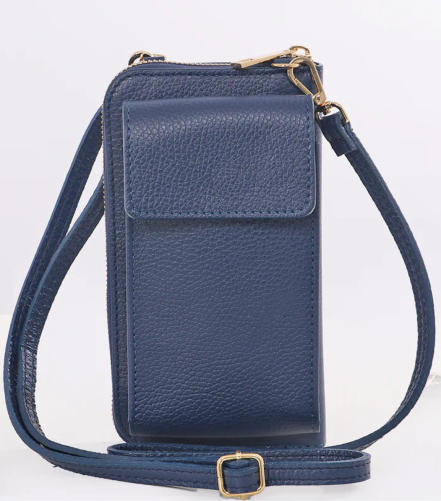 Navy Blue Italian Leather Mobile Phone Wallet Combo Bag